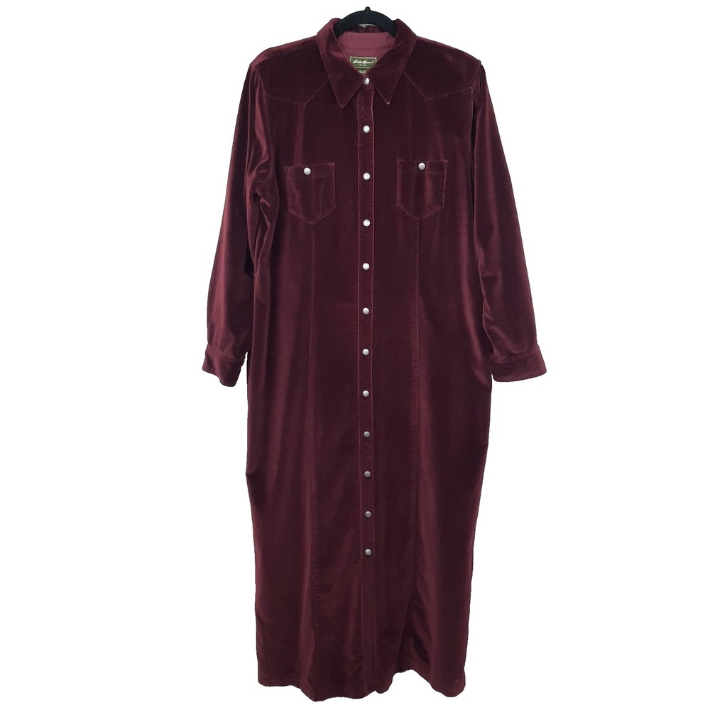 VTG Eddie Bauer Burgundy Velvet Maxi Dress Womens Large 90s Western Boho Prairie